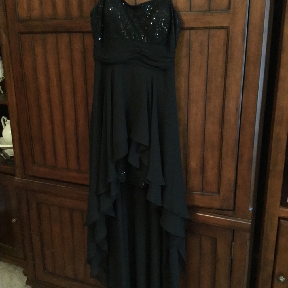 Black chiffon and sequin hi lo strapless formal